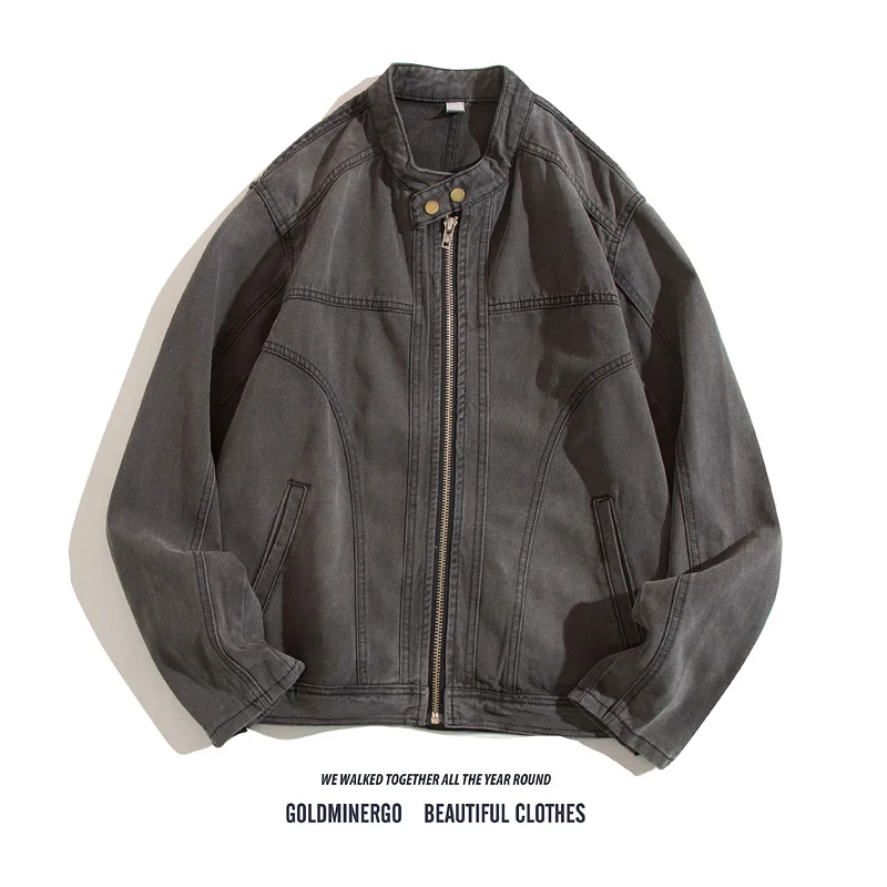 

Джинсовая куртка с застежкой-молнией, повседневная одежда с воротником-стойкой для мотоцикла, уличная одежда, весна-осень-зима, свободный крой, длинный све