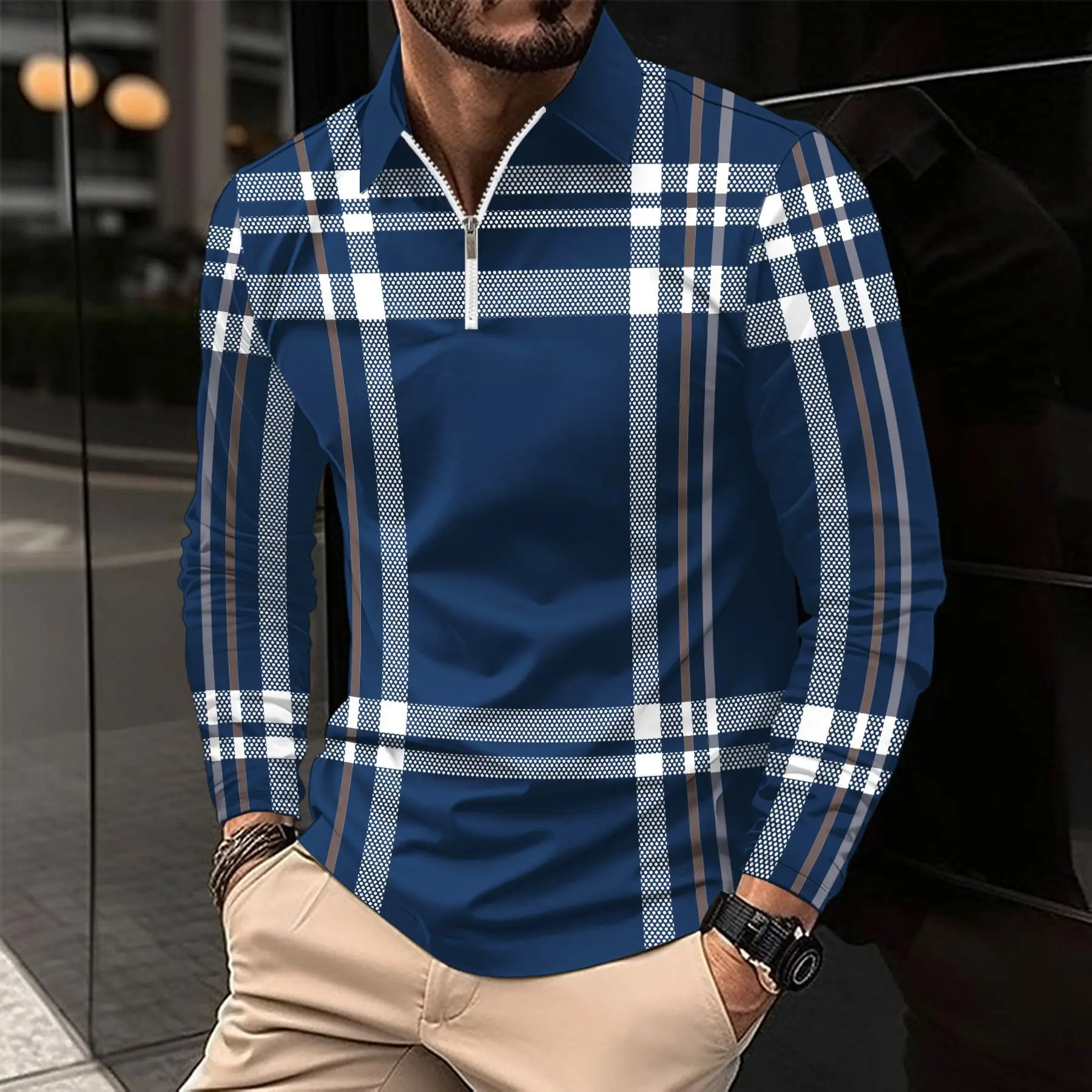 طويلة الأكمام مخطط منقوشة الرجال سحابات Polos تي شيرت ربيع الخريف ثلاثية الأبعاد مطبوعة الشارع الذكور بولو المحملة 6XL حجم كبير بلايز عادية