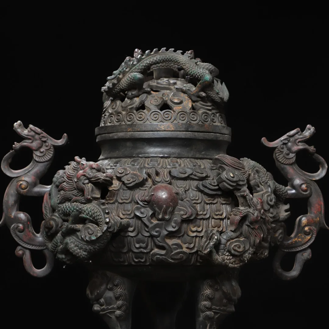 Old Bronze Cinnabar Gilded Nine Dragon Pattern Dragon Ear Three Legged Incense Burner Lotus base Amass wealth Ornaments
