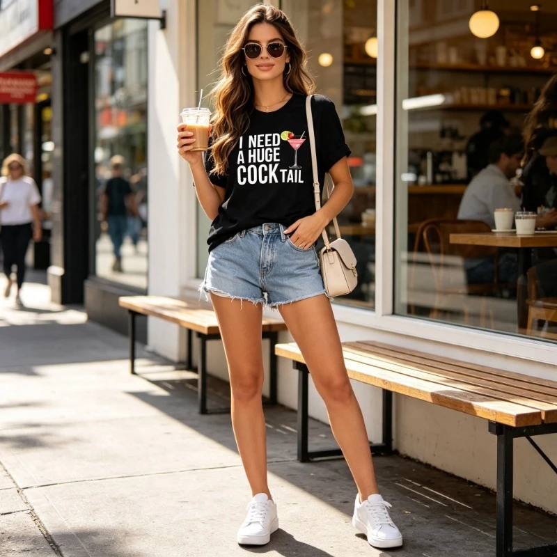 I Need A Huge Cocktail T-shirt Fun Adult Humour Women Tees Pure Cotton Unique Tops All-Match Graphic Tshit Hipster Parties Night