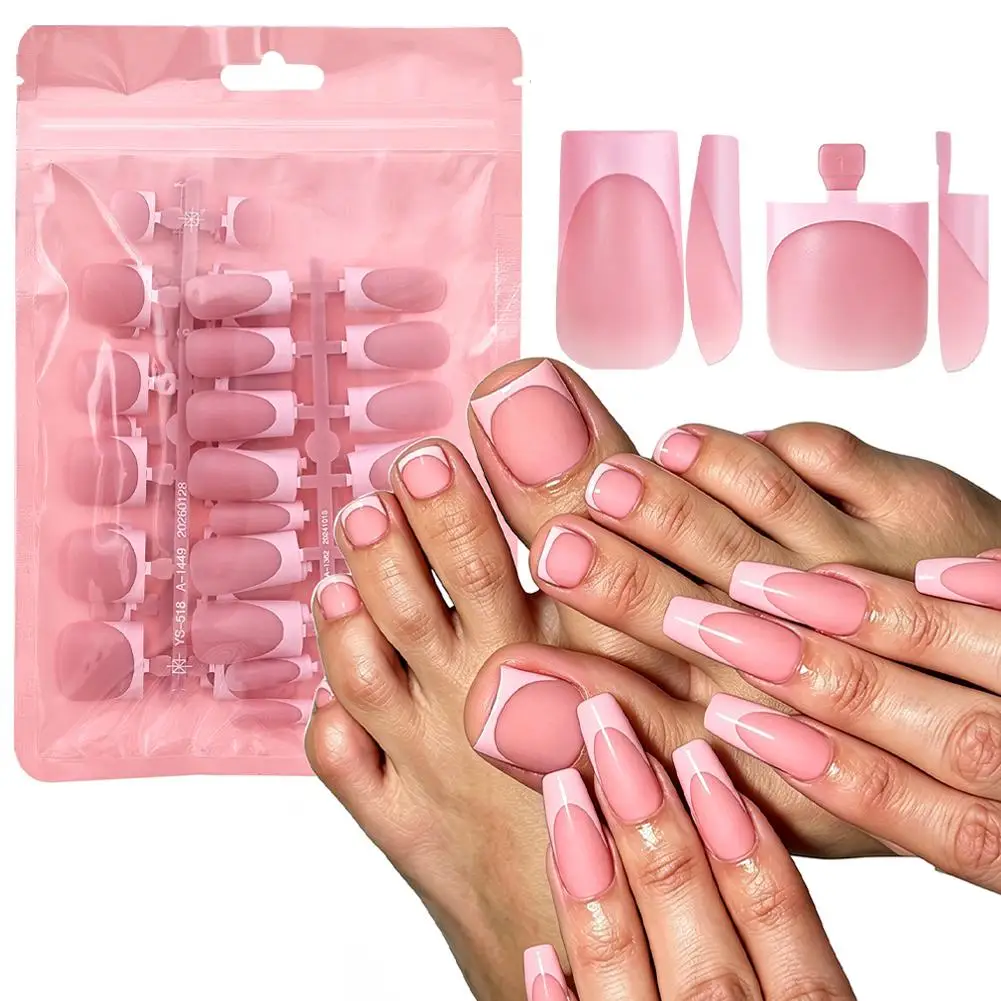 60-teiliges französisches Hand- und Fußnagelset, kurze, quadratische, glänzende künstliche Zehennägel aus Acryl, vollständige Abdeckung, geeignet für Nagelstudios. – Detail 2