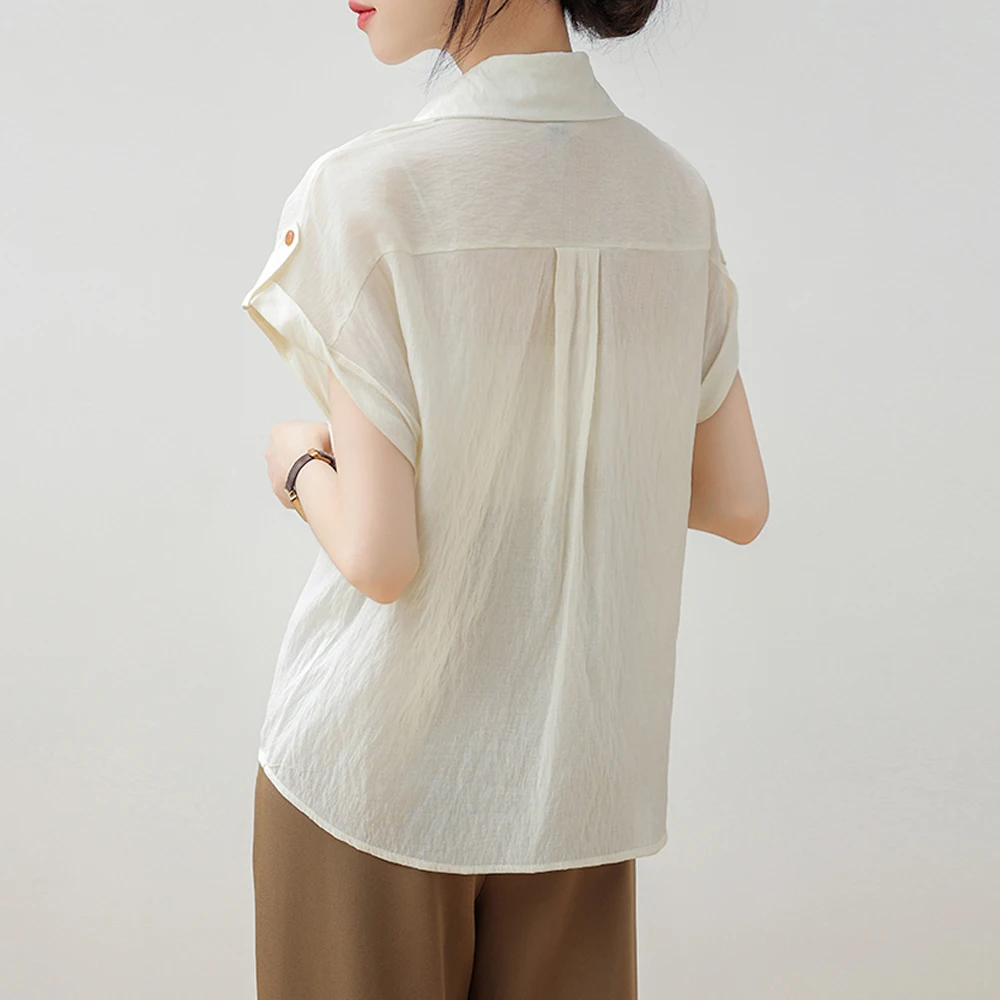 Women Summer Style Cotton Blouses Shirt Vintage Simple Solid Lady Casual Short Sleeve Turn-down Collar  Casual Loose Tops