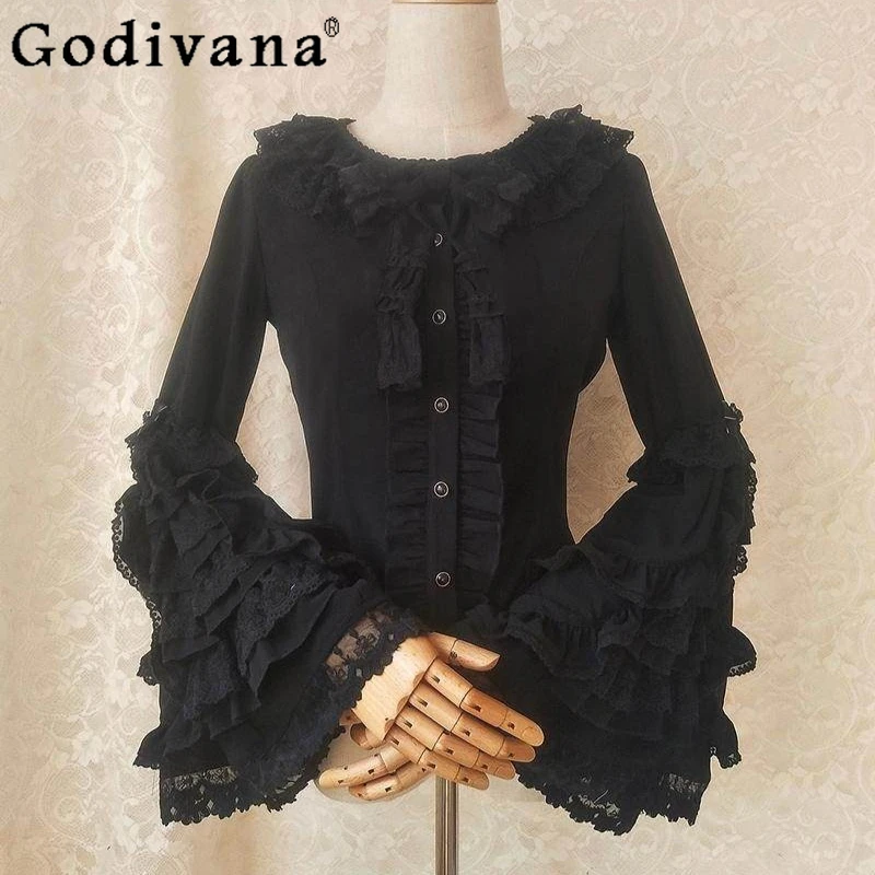 

Elegant Lolita Style Bell Sleeve Shirt Women's Princess Sleeves Vintage Retro Inner Wear Top Female Versatile New Year Shirt
