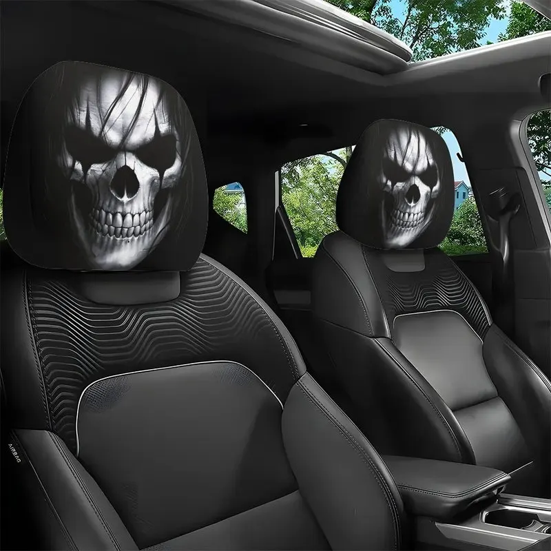 1/2 Pcs Car Headrest Covers, Evil Skull Print For Gothic Car Interior Decor