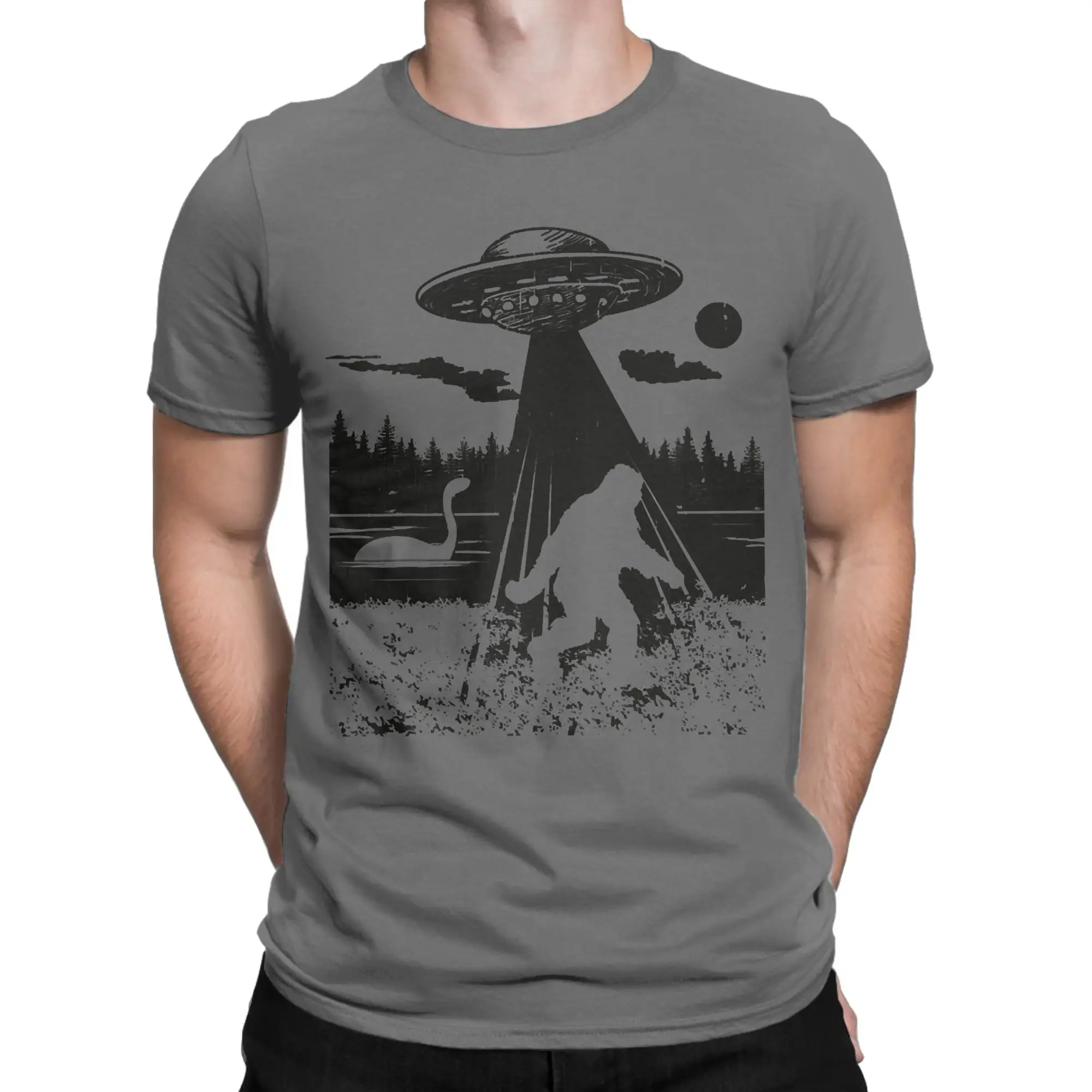Harajuku Bigfoot UFO Abduction Silhouette T-Shirt For Men Women Cotton Short Sleeve Cryptids Round Neck Summer Top Tee