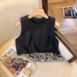 Sequins Stylish Workwear Vests Crop Tops For Women Elegant Fashion Chic Ladies Tees 2024 Autumn Sleeveless O-neck Vest