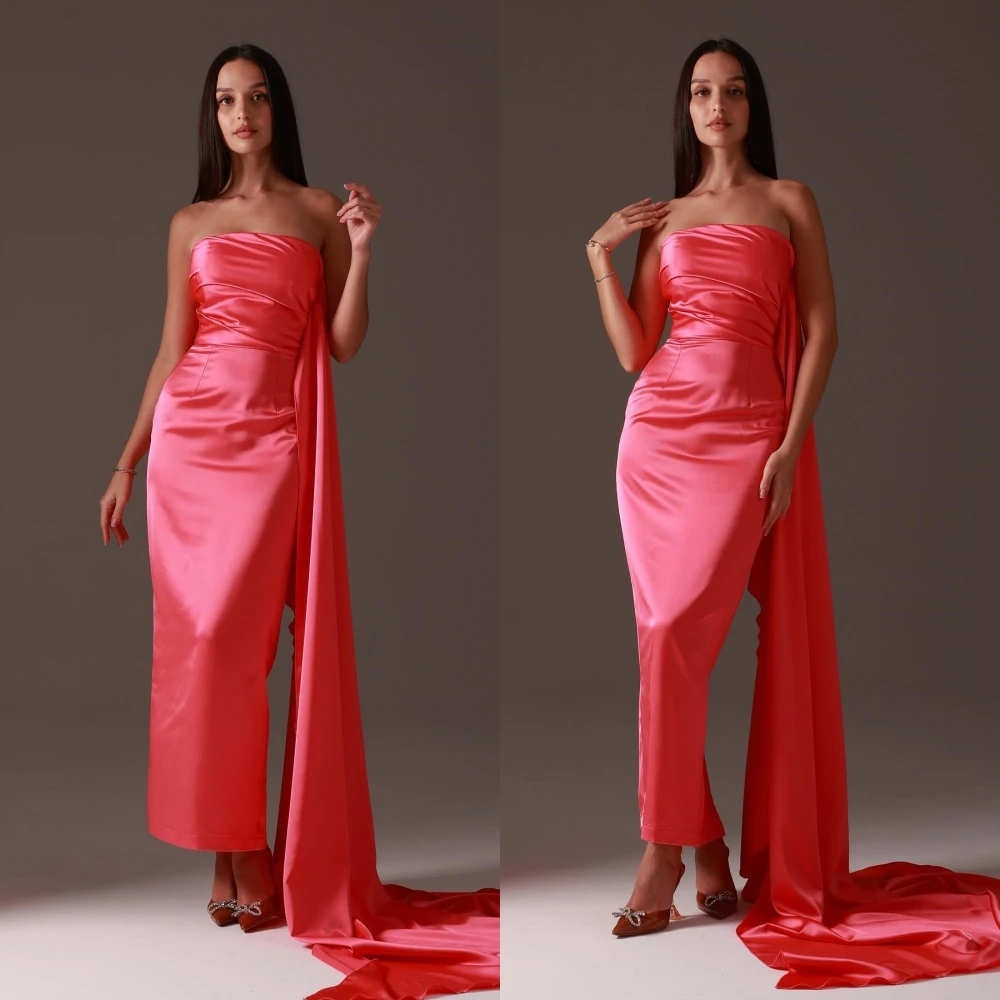 

Customized Simple Prom Casual Strapless Sheath Quinceanera Dress Anke length Hugging Skirts Charmeuse Evening فساتين سهره