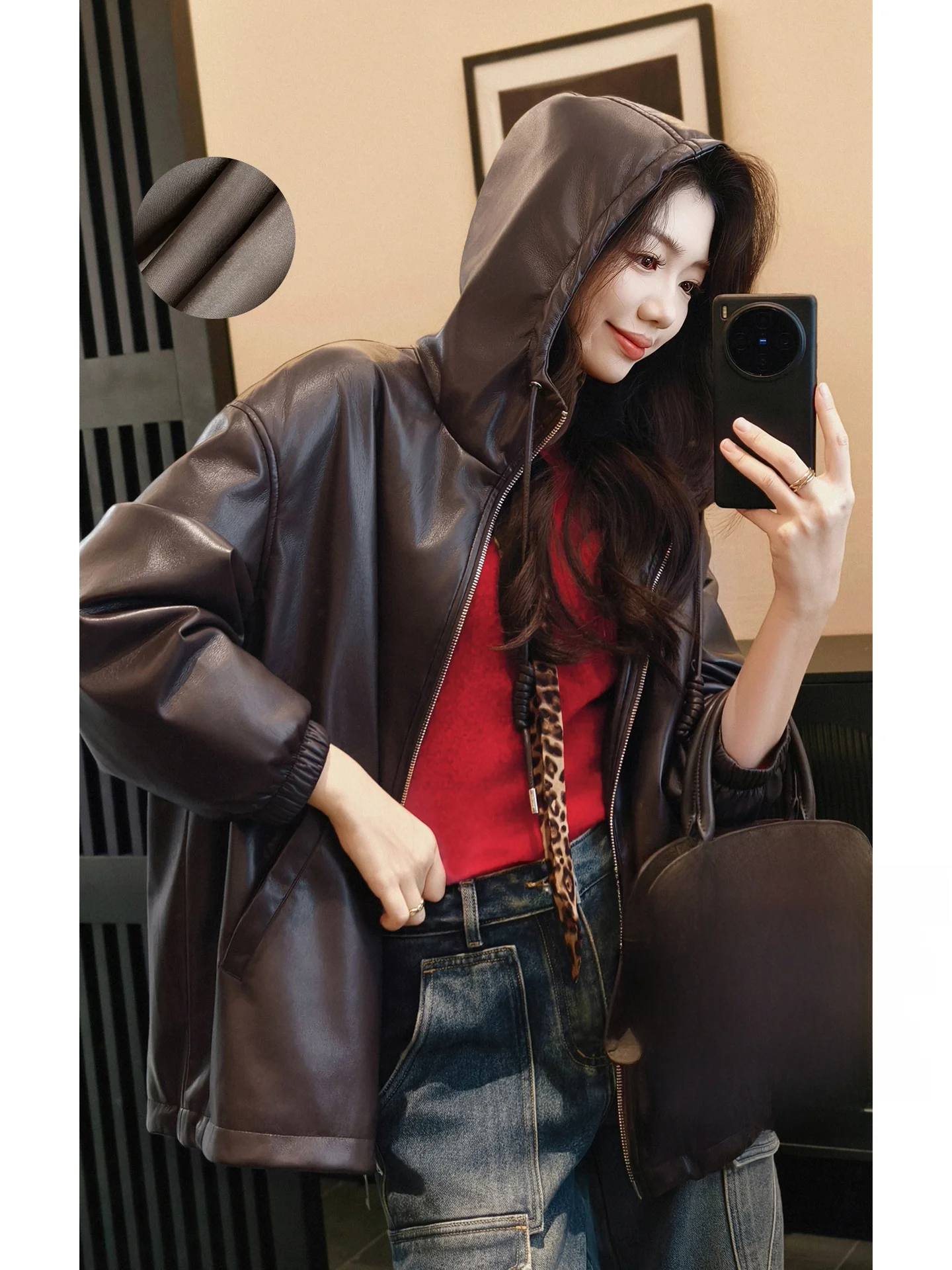 Brown Playful Amber Glow Protein Leather Hooded Jaet Warmth MEIYANG Street Sle Zipper Loose Fit Long Sve Coat