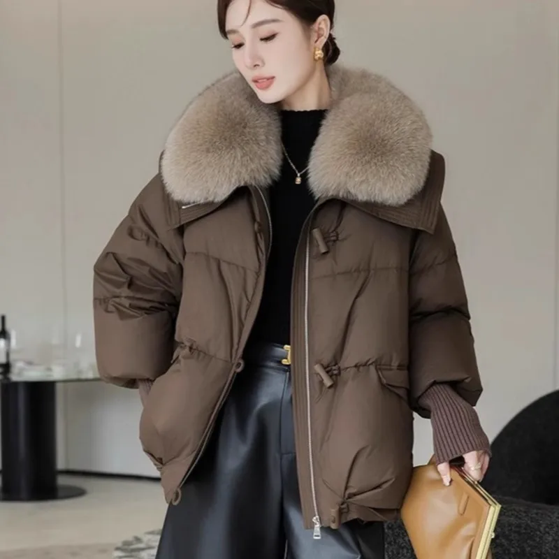 

2025 Winter Womens Korean Style Short Puffer Jacket Thickened Warm Down Coat with Fur Trim Loose Fit for Petite & Daily Wear