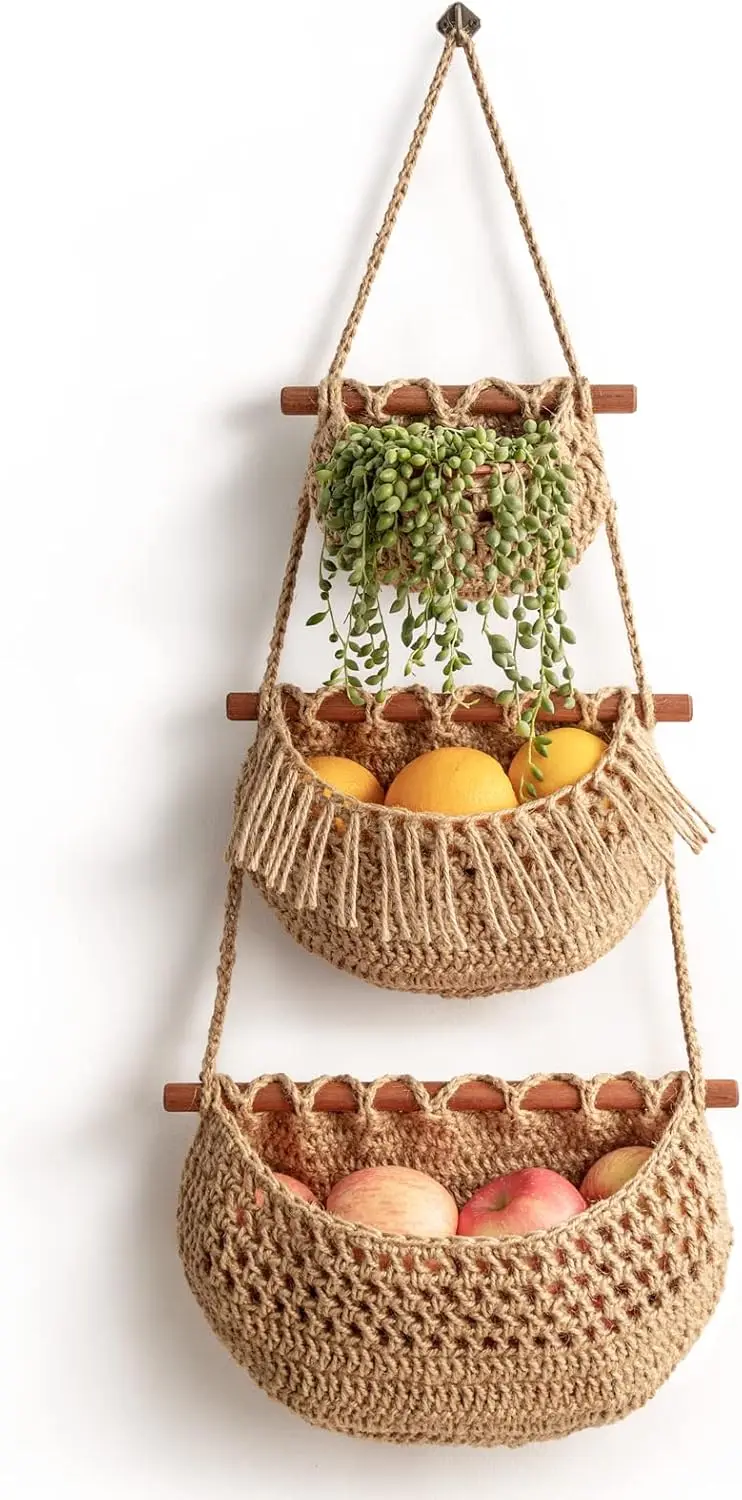 

3-Tier Hanging Fruit Basket, Handmade Woven Jute Wall Organizer for Kitchen, Living Room, Bathroom Storage and BOHO Decor
