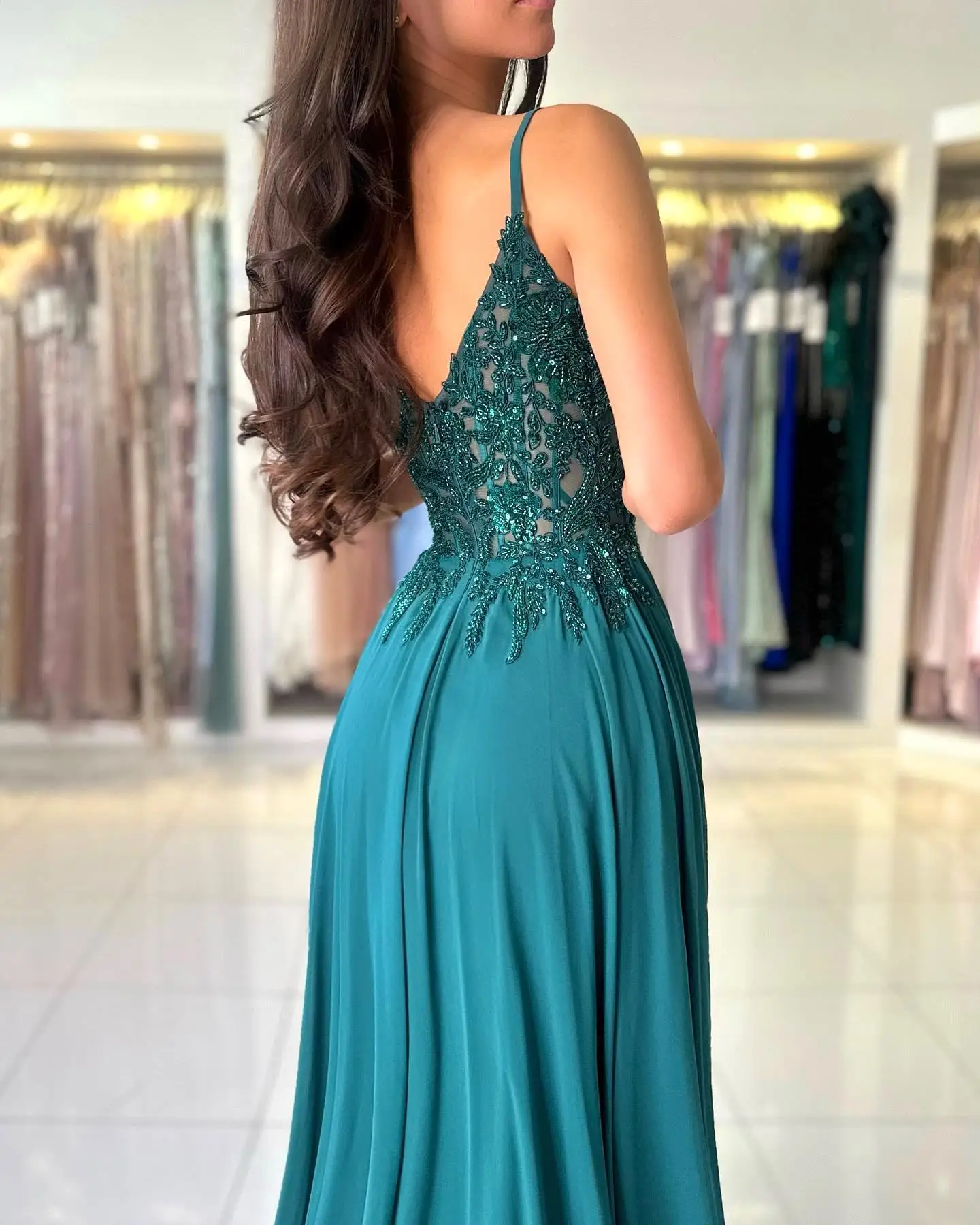 Sunnye 2024 Spaghetti Straps A-line Lace Evening Dress Green Chiffon Prom Gown Elegant Sweetheart Side Slit vestidos de fiesta