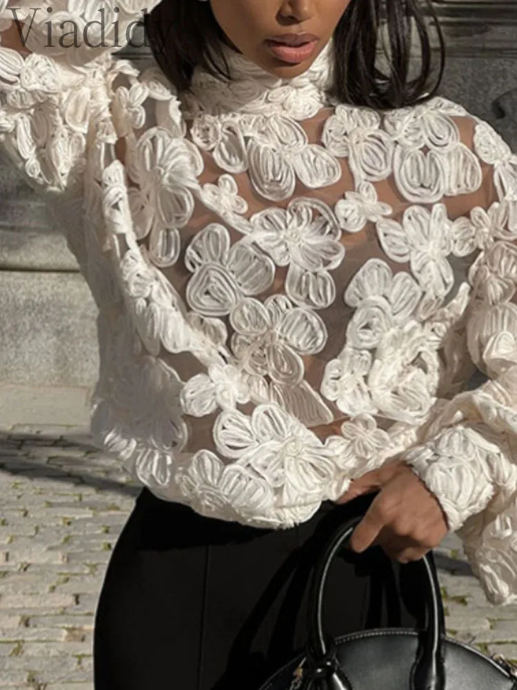 Camicetta pullover ricamata con maniche a lanterna in rete trasparente trasparente tinta unita sexy da donna