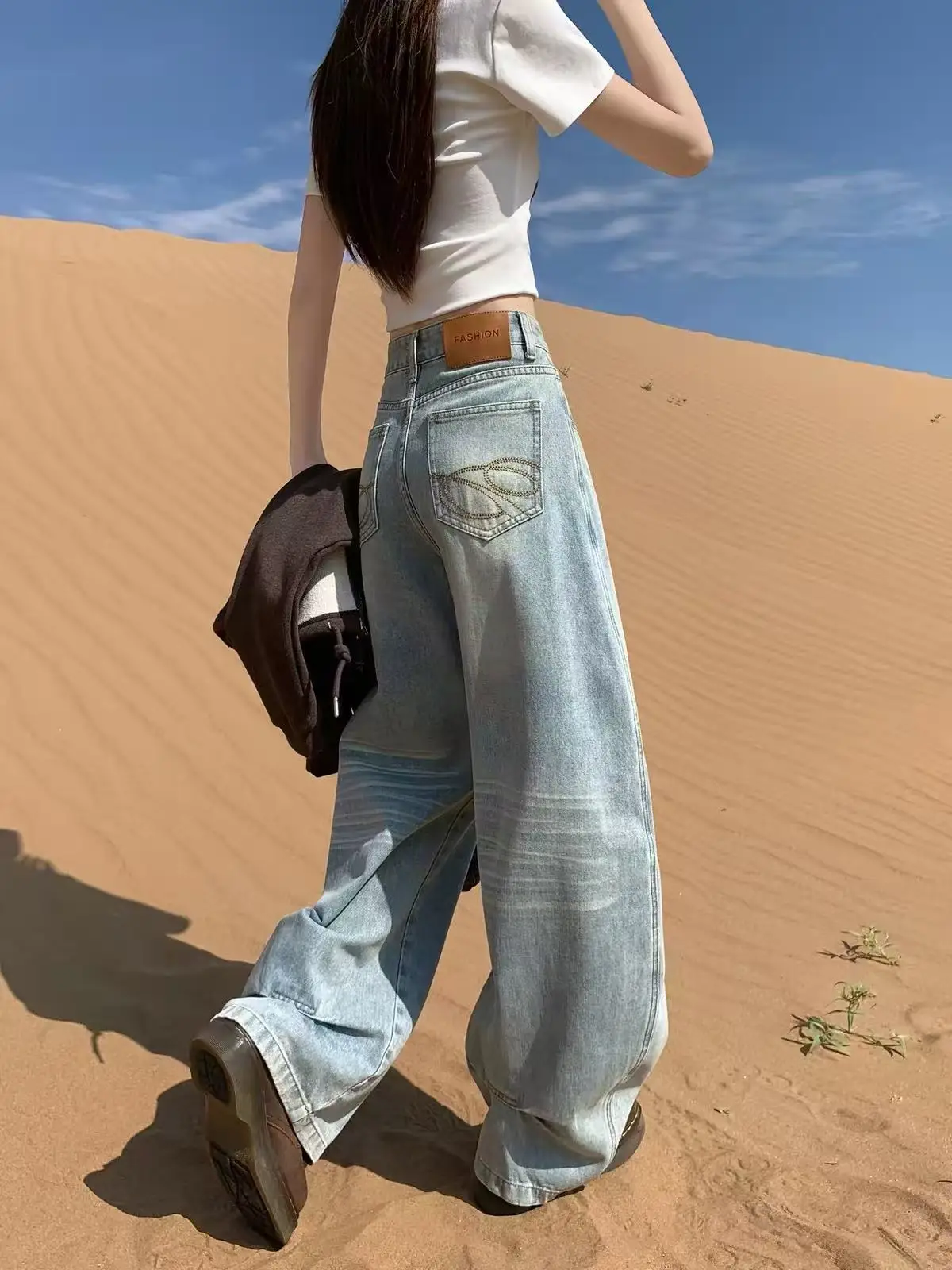 Loose Wide Leg Denim Jeans Women's American Lazy Style Slim Straight Loose Knife Pants Autumn Design Sense Fashionable