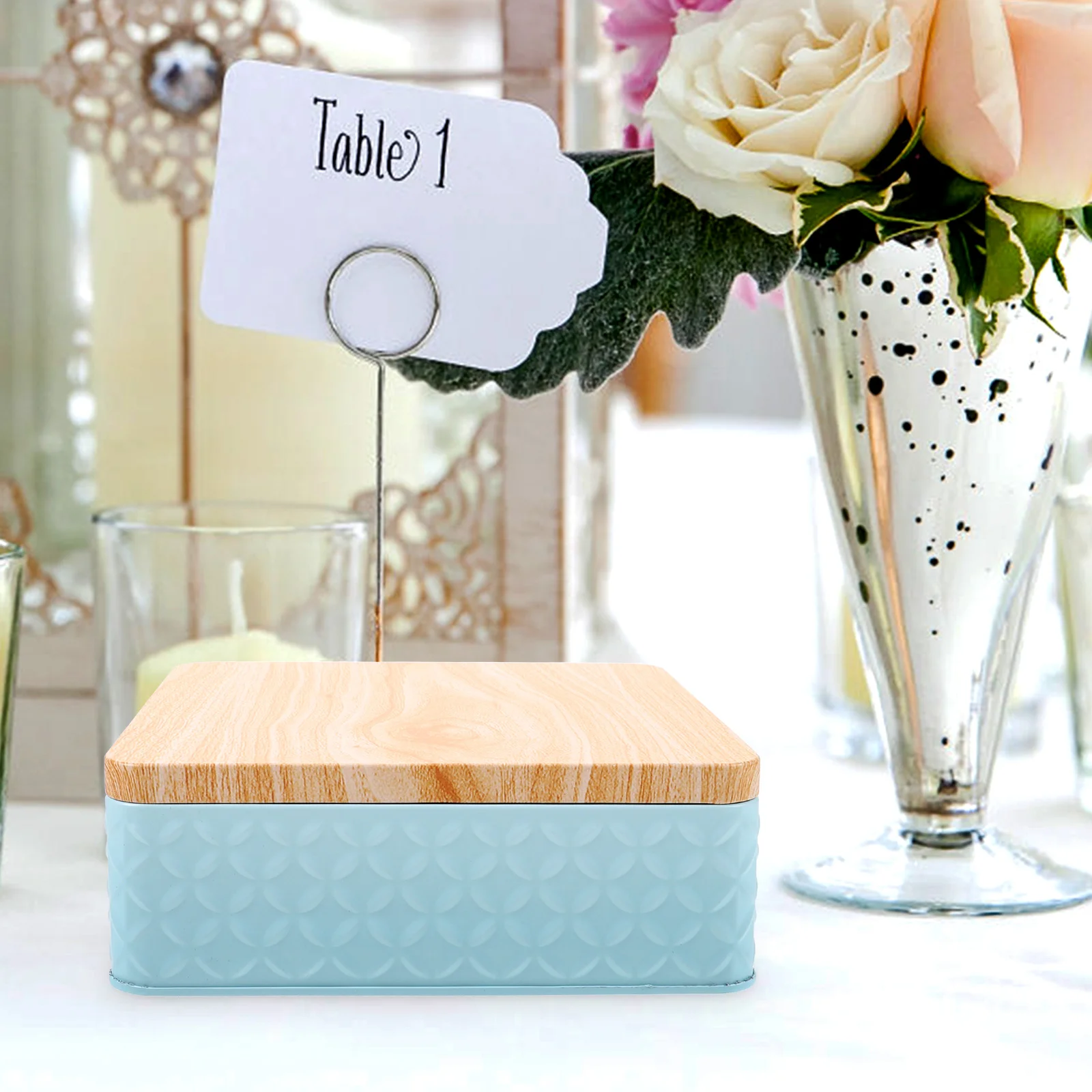 

Square Tinplate Cookie Container with Wooden Lid Storage for Candy Pastries Snacks Present Packaging Box