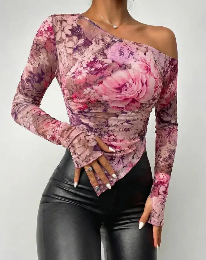 

Top Women 2026 New Fashion Floral Print Skew Neck Long Sleeve Asymmetrical Hem Tee Slim Fit Sheer Mesh Top with Thumb Hole Cuffs