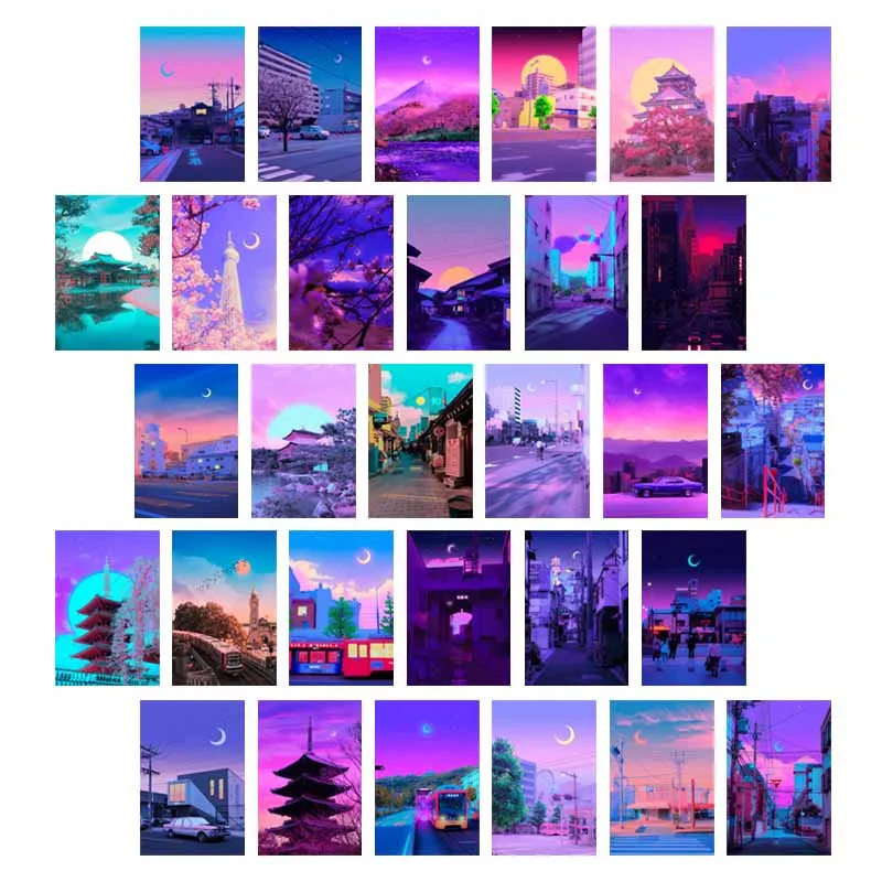 10/30PCS Purple Wall Collage Kit 80s Neon City Night Street Poster Aesthetics Natural Scenery Art Printing Room Decor Mural