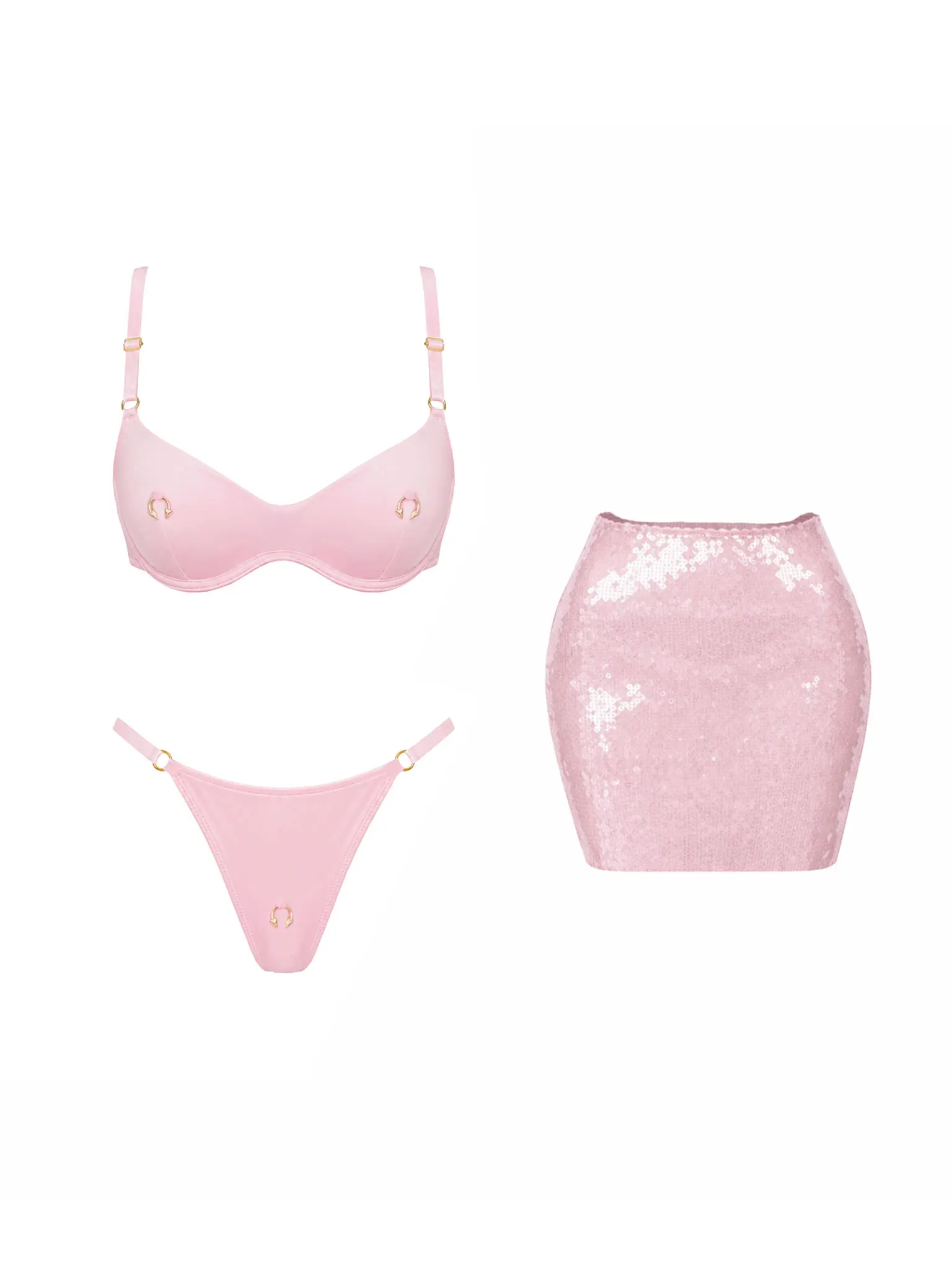 Sexy Metal Ring Accents Bikini With Sequin Skirt Set Women's Swimsuit Fashion Mujer Low Waist Bathing Suit Luxury Lady Beachwear