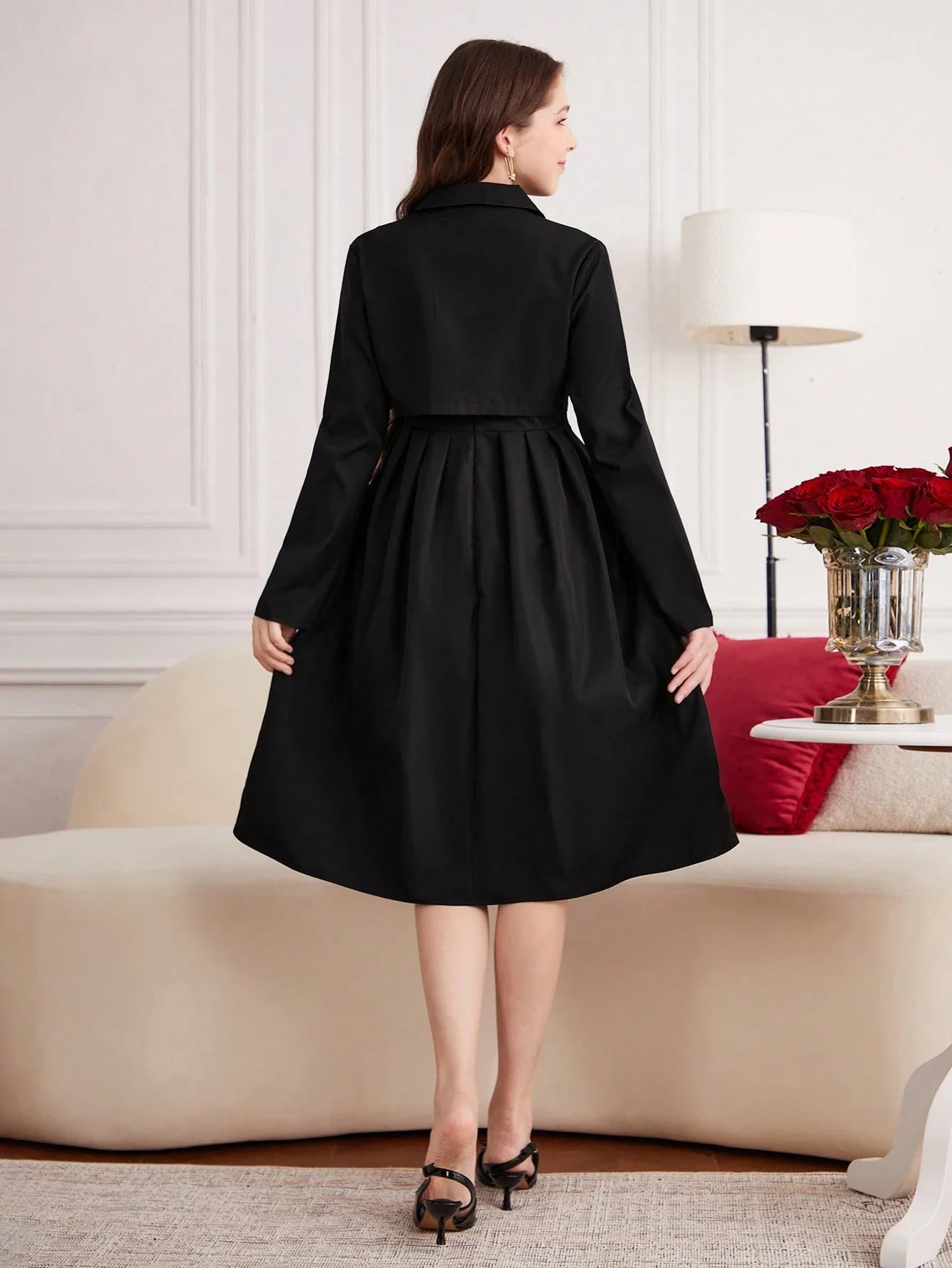 2pcs Set Elegant Vintage Black Pleated Midi Dress With Retro Lapel Short Jacket