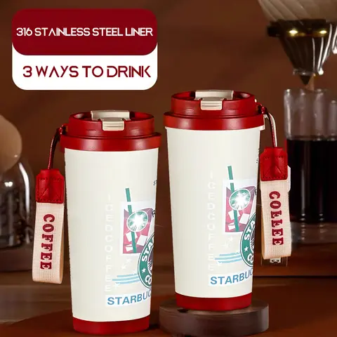 18oz red travel thermos cup.Beautiful,great heat/cold insulation.Holds coffee,juice,chilled drinks.Fits indoor/outdoor