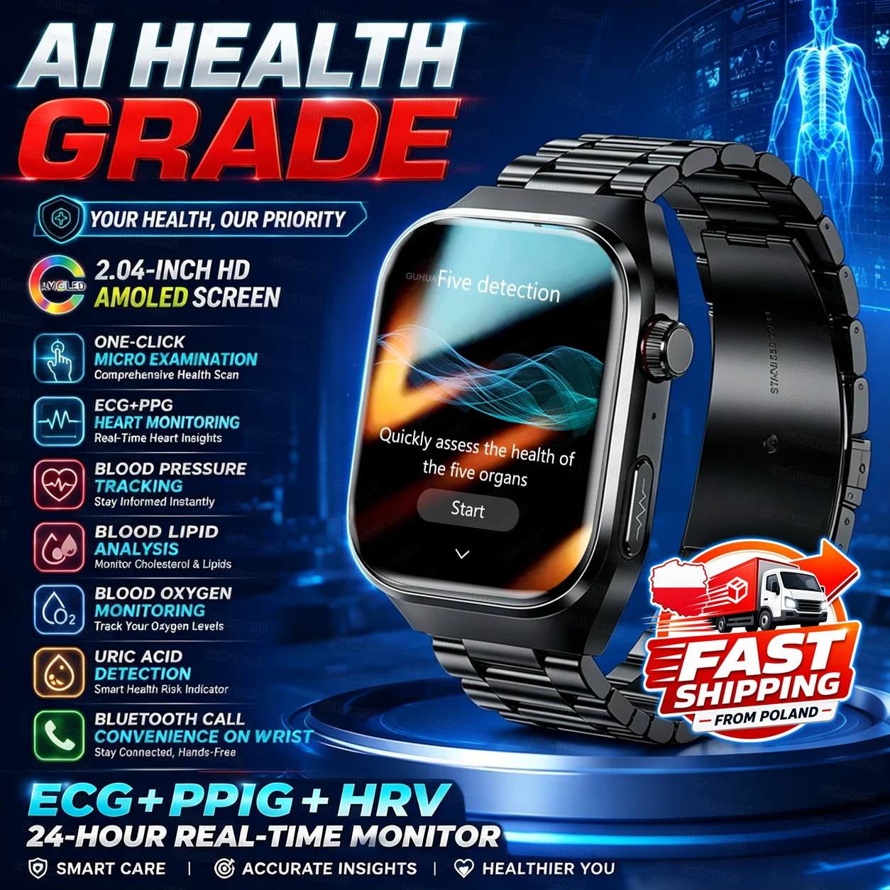 Diagnostic de la santé précise ECG Horloge intelligente 2.04''AMOLED Homme et femme Exercice en plein air Horloge de pression artérielle, lipidique, acide urique Voix IP68 Hommes et femmes Horloge intelligente