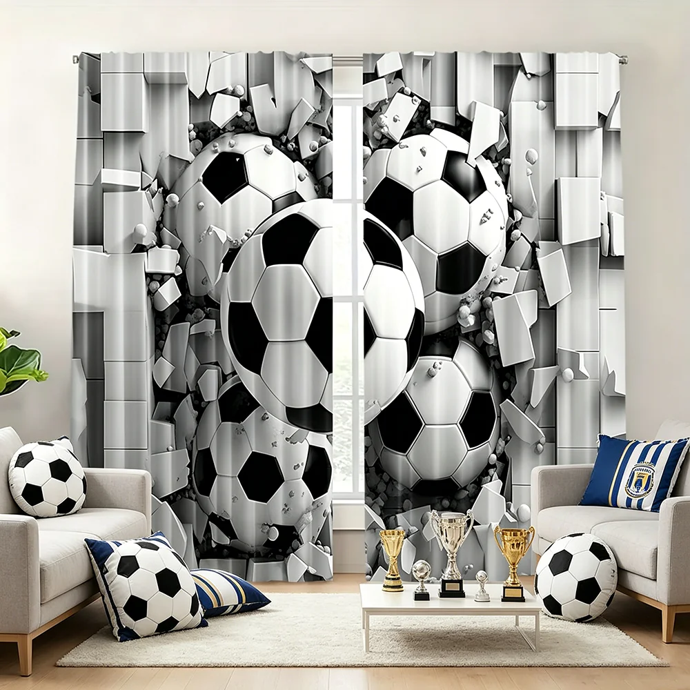 2PCS Digital Printed Curtains, Exploding Soccer Ball Sports Athletic, Rod Pocket Window Drapes for Living Room Bedroom Decor