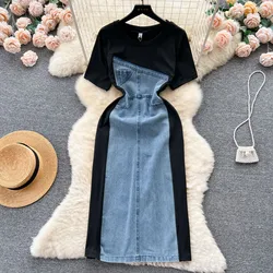 Elegant O-neck Vintage Short Sleeves Chic Spliced Cowboy Slim Long Dresses French Streetwear High Street Summer Autumn Clothing