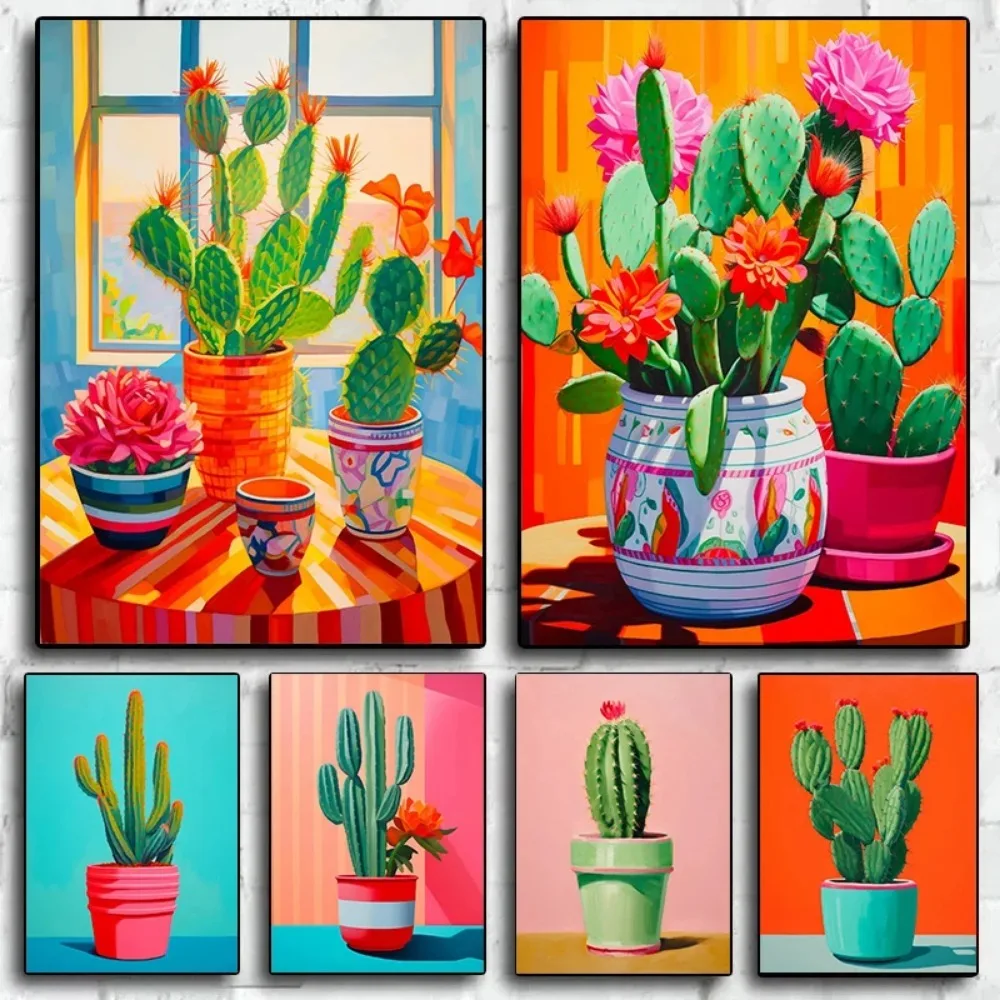 Vintage Cactus Posters and Prints Modern Colourful Botanical Flower Vase Canvas Painting Wall Art Pictures for Room Home Decor