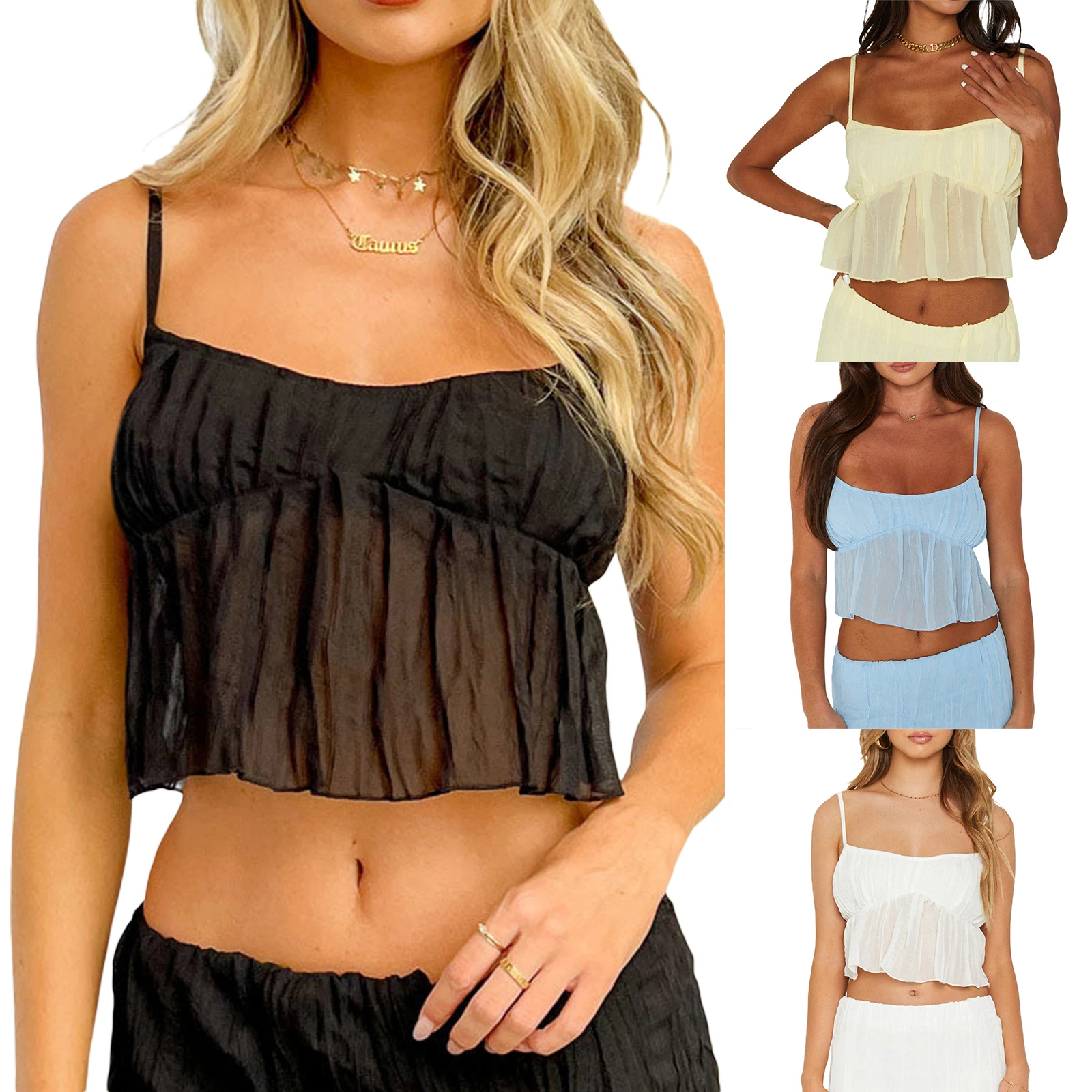 

Women Crop Vest Tops Sleeveless Off Shoulder Pleated Solid Color Casual Party Summer Spring Shirt Camis