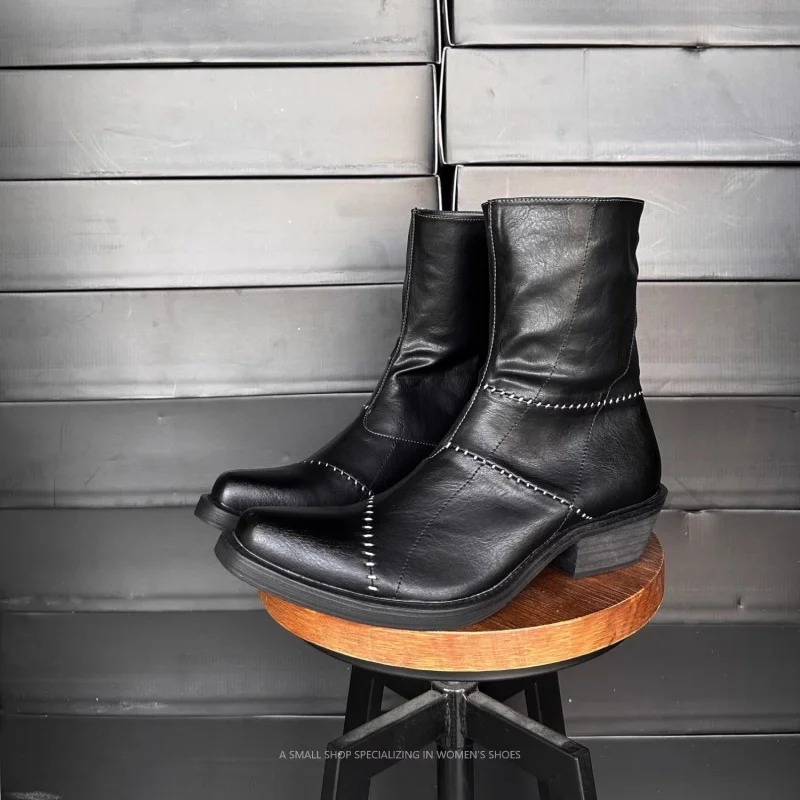 Dark Black Pointed Chelsea Boots Thick Heel Wizard Boots for Men and Women Vintage Upturned Short Boots Hand Sewn Western Boots