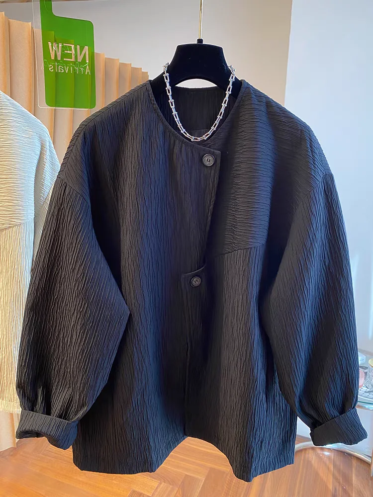 

Loose Bla Textured round Ne Coat for Women Spring Autumn Brand Button Asymmetrical Design Casual Commute Sle Long Sve