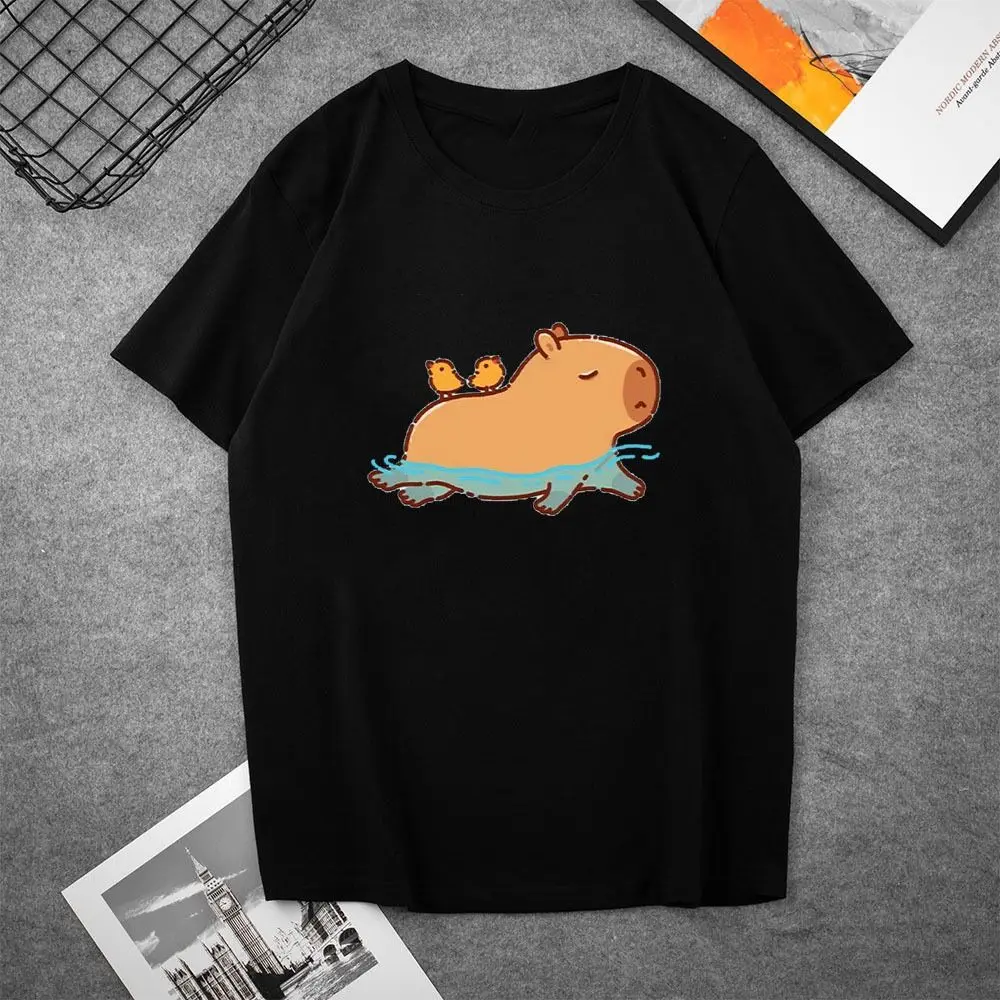 Animal Capybara Printed T-shirt Round Neck Letter Capybara Short Sleeved Top Pullover Korean Style Men's Printed Shirts Daily