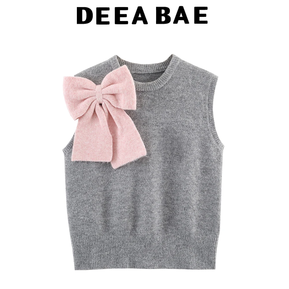 

DEEABAE вязаный свитер в стиле жилета с розовым бантом на осень, милый и молодежный многослойный свитер без рукавов, жилет с зажимом