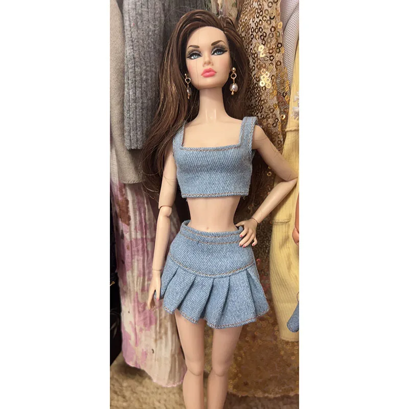 Zomervakantie Mode Denim Vest + Geplooide Rok Set / Dubbel Vlindervest Denim Halve Rok 30cm Pop Dagelijkse Verkleedkleding