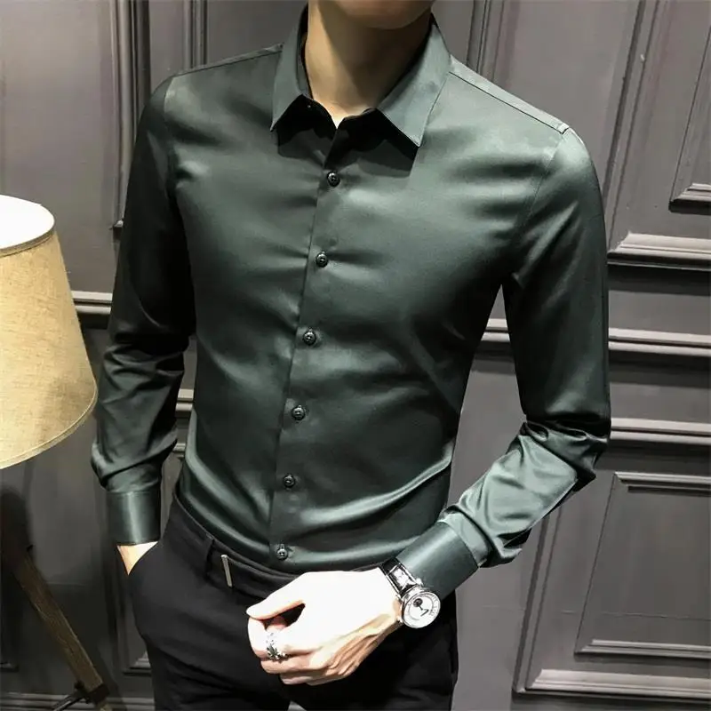 Camisa de vestido de manga longa de seda negócios simples homem topos camisas e blusas formais para homens escritório algodão com gola s roupas