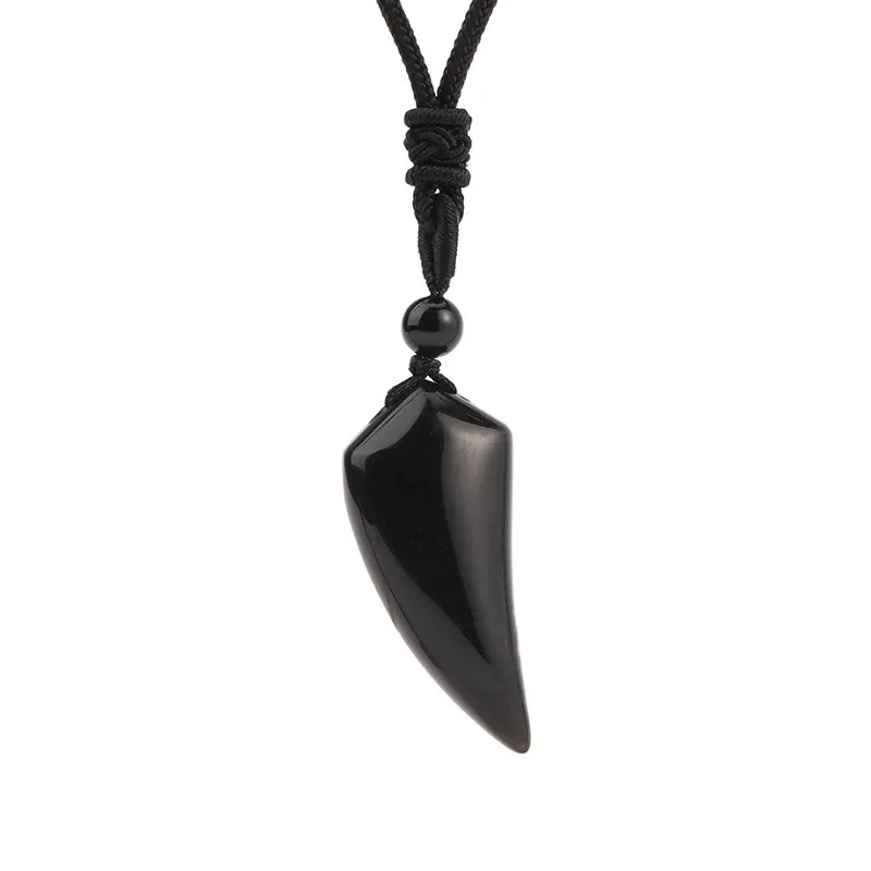 Men's Natural Stone Wolf Shark Tooth Pendant Necklace with Amethyst Tiger Eye Crystal Black Obsidian Labradorite for Halloween