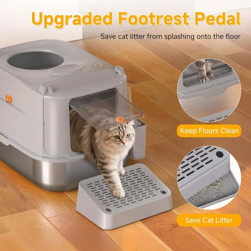 

Stainless Steel Cat Litter Box Extra Large with Lid 180 ° Flip Cover Leak Proof High Sided Enclosed Top Entry Non Stick for Ca