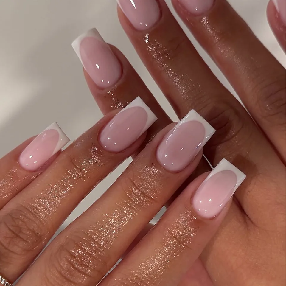 24 piezas uñas postizas press on francesas de punta, minimalistas, color sólido, medianas, cuadradas, con pegamento 2