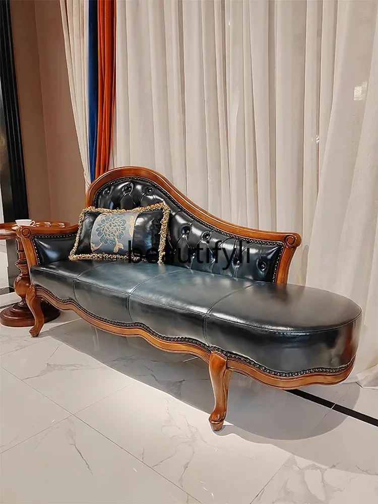 

American solid wood carving flower first layer cowhide lazy sofa stool shoe change stool beauty couch