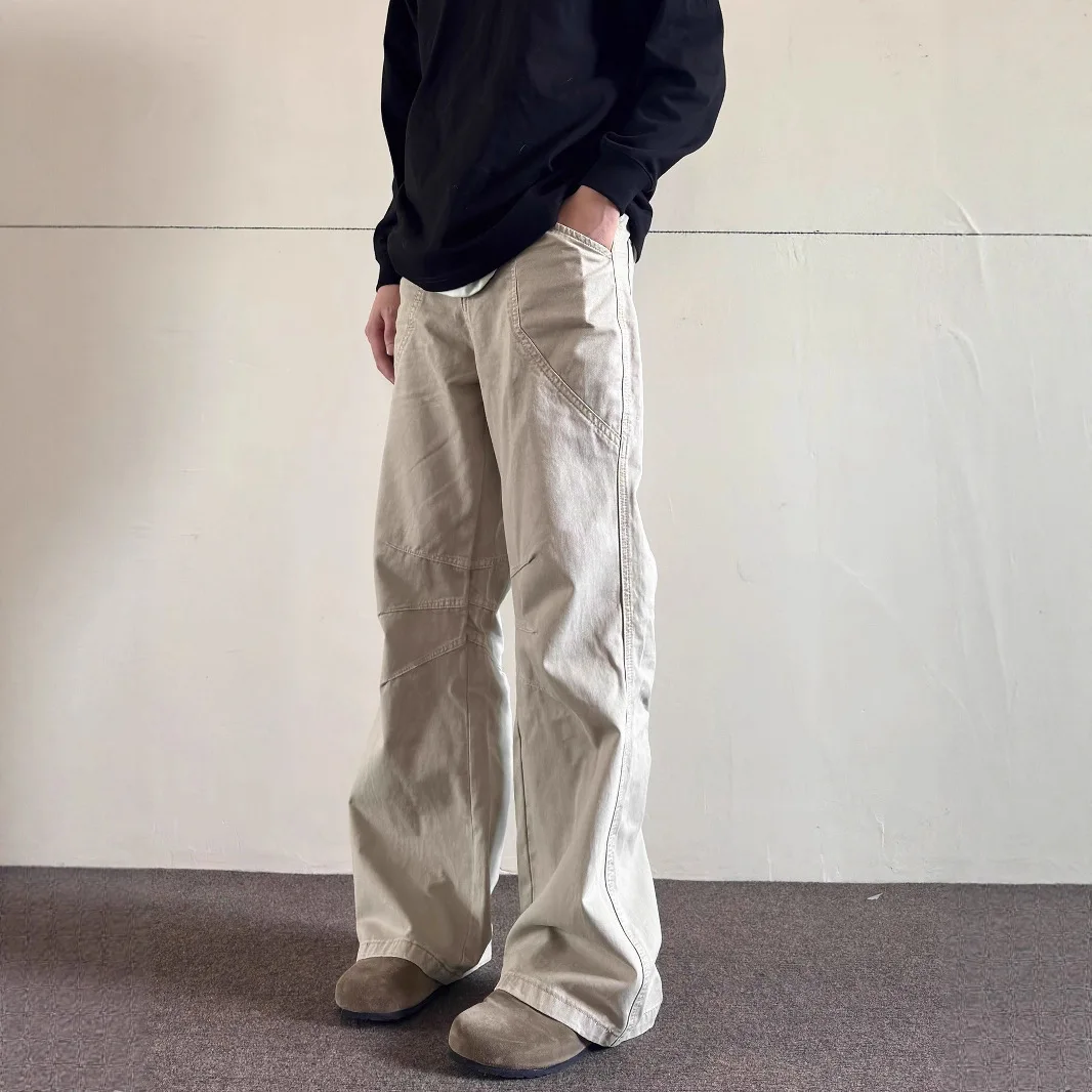 American Style Spring Autumn New Fashion Men Khaki Solid Color Spliced Casual Trendy Wide Leg Straight Simple Basic Cargo Pants