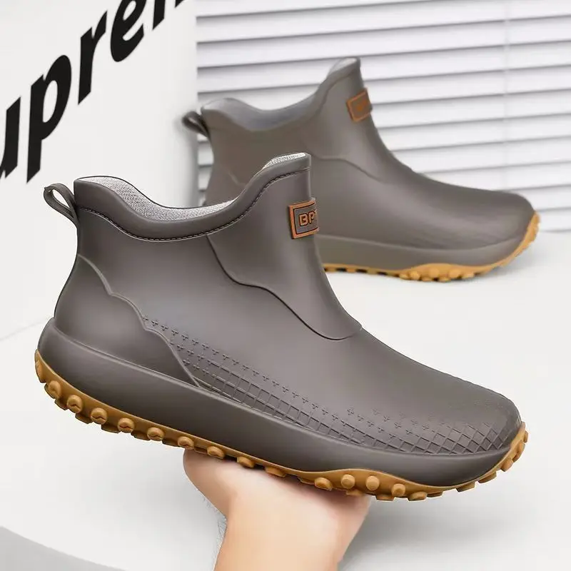 Men's Spring Autumn New Flat Sole Ankle Rain Boots Soft sole Round Toe High Top Slip On Waterproof Unisex Kitchen Work Shoe