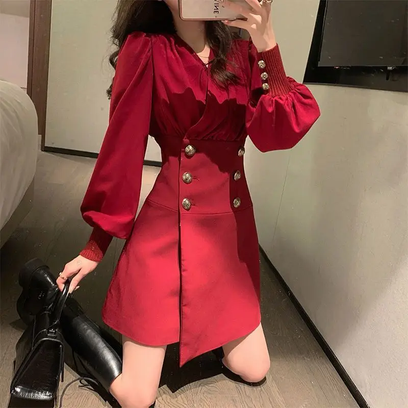 Lnsozkdg Elegant V-Neck Spliced Button Folds Puff Sleeve Mini Dress Women Clothing Spring New Loose Asymmetrical Ladies Dresses