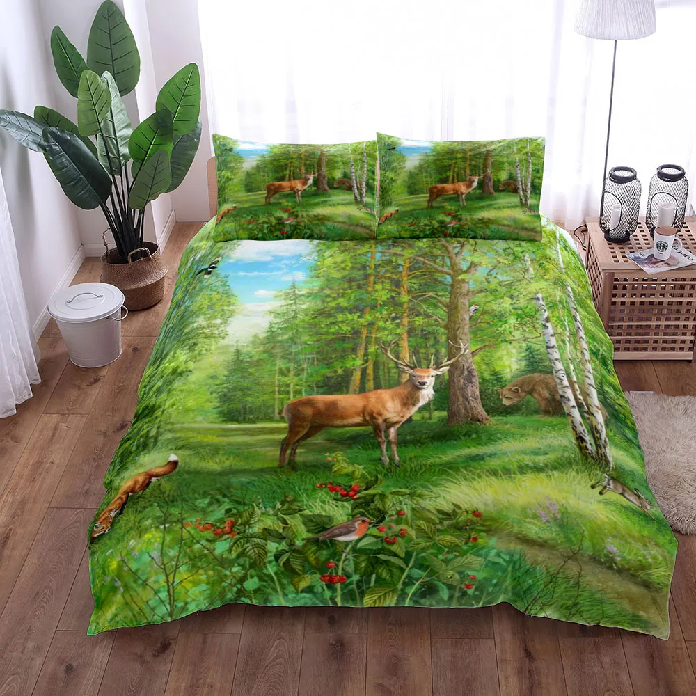 Green Deer Hunter Grove Painting Duvet Cover Set King Queen Double Full Twin Single Size Bed Linen Set