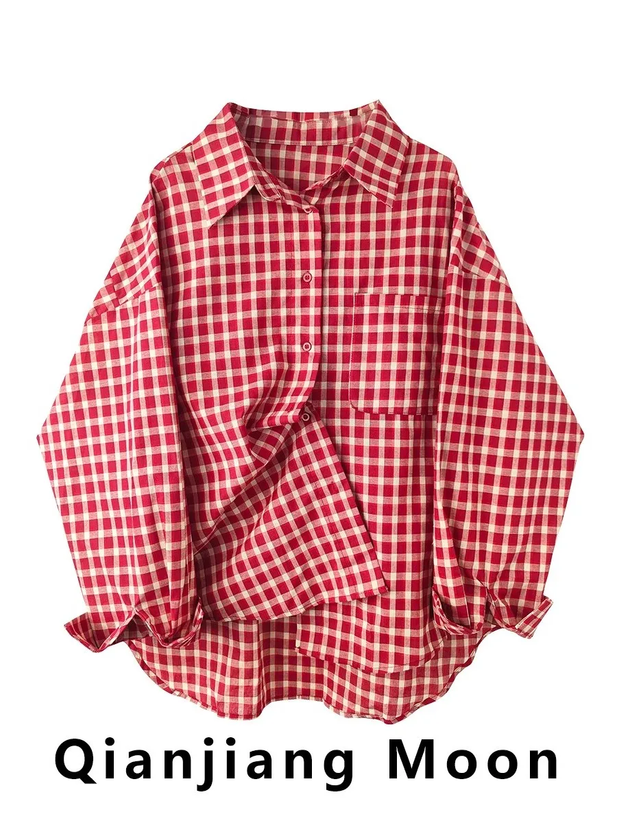 Red Plaid Loose Fit Thin Long Sleeve Women's Shirt