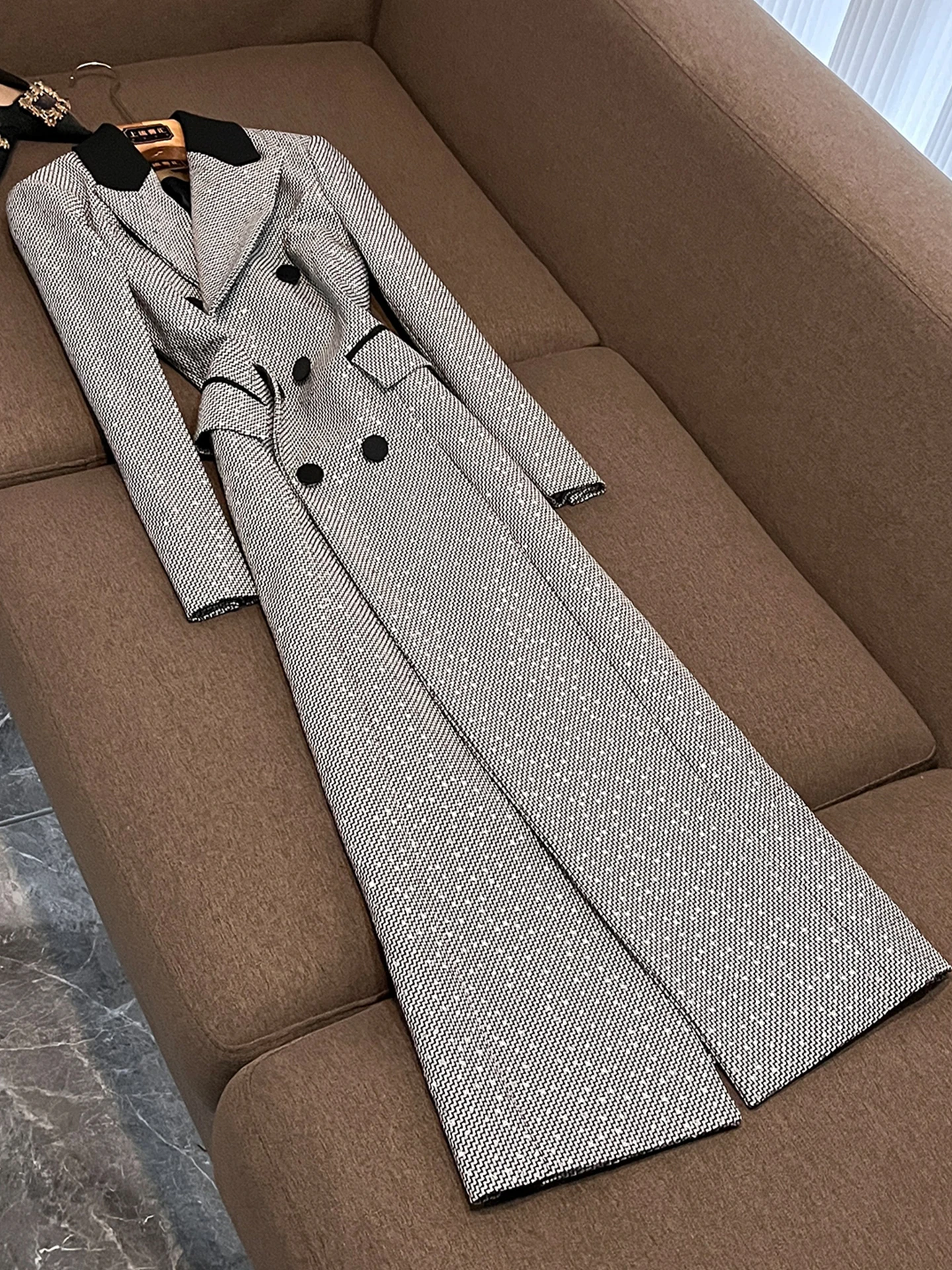 

Knee-Length A-Line Coat Ele Hepburn Sle Office Wear Briti Sle Women's Long Outerwear Slimming Waist Design