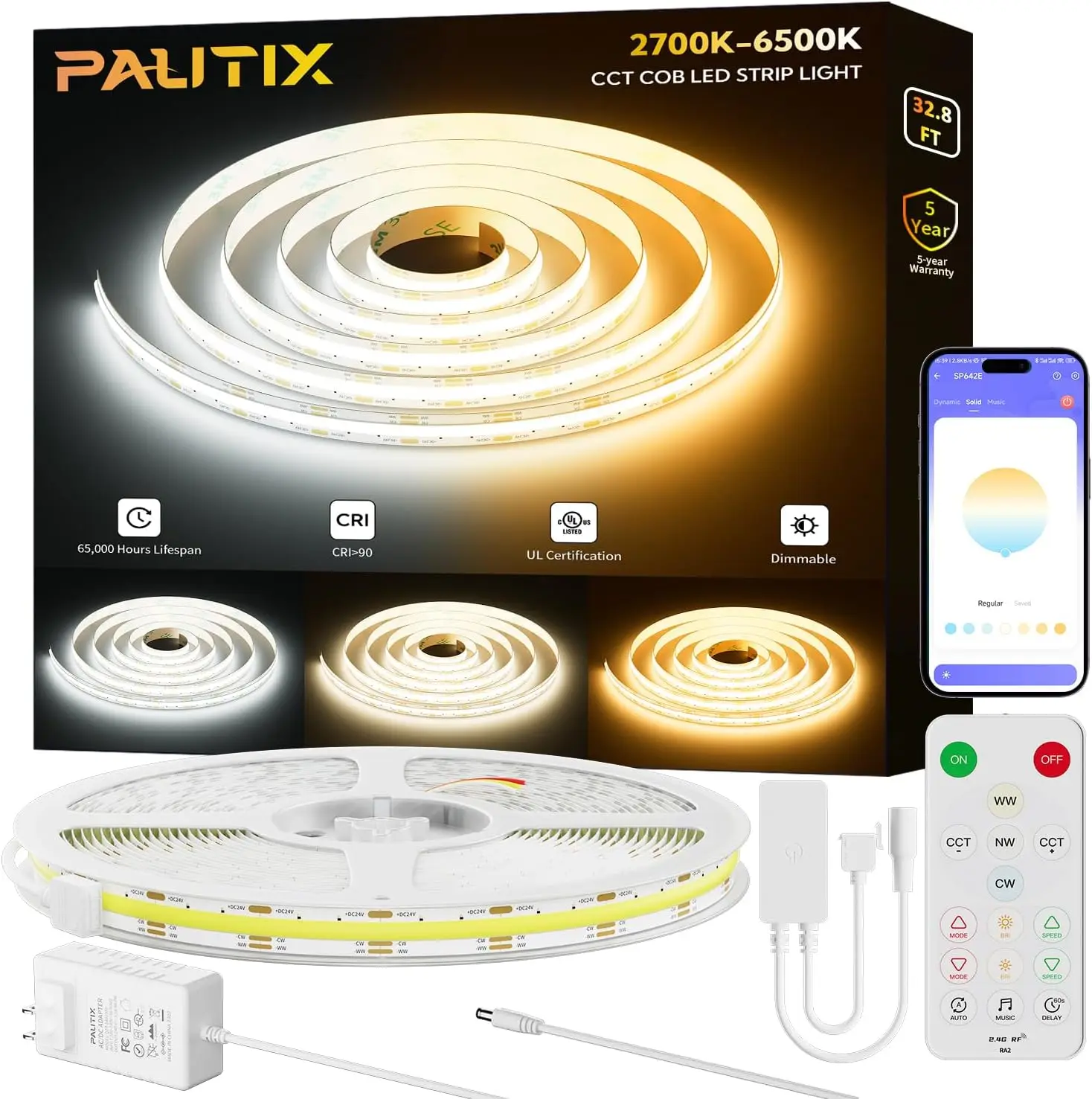 PAUTIX COB CCT LED Strip Light Kit 10m 2700K-6500K sintonizzabile 640LED/m flessibile dimmerabile RA90 Bluetooth APP Control LED Tape Light