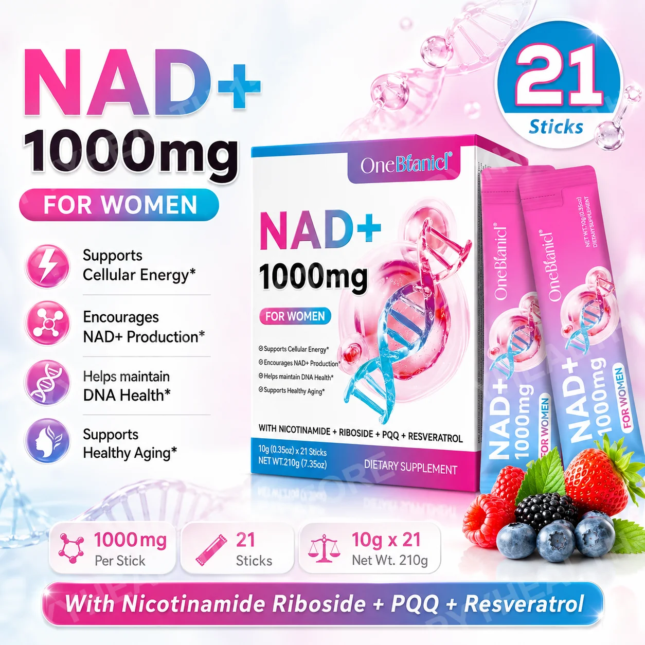 NAD+ Support Liquid Sticks with Nicotinamide Riboside, PQQ, Quercetin and Trans-Resveratrol for Cellular Energy, 21 Sticks