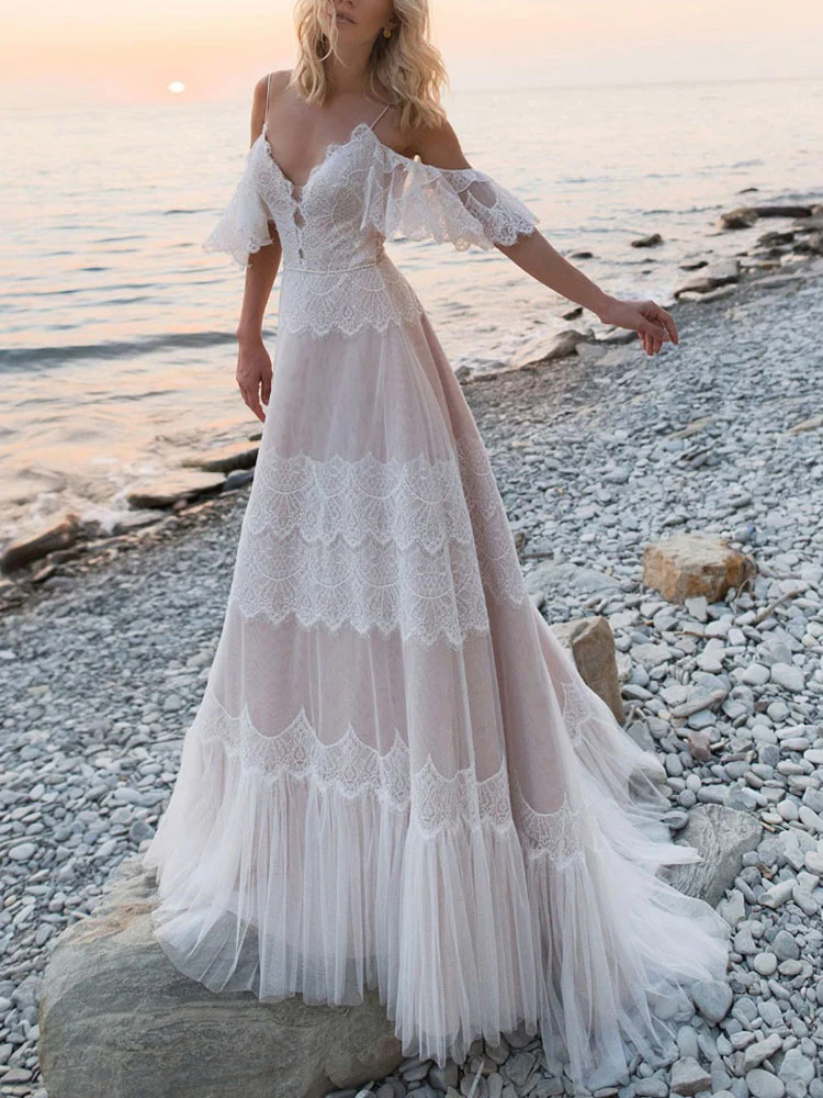 Elegant Beach Wedding Dress V-Neck Thin Strap A-Line Lace Embellishment Back Tie Detailed Gown for Brides