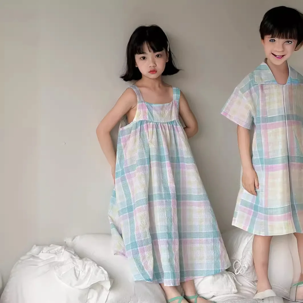 

Children Dress 2024 Summer Girls Korean Style Plaid Halter Dress Children Short-sleeved Fashion Long Plaid Dress Skirt