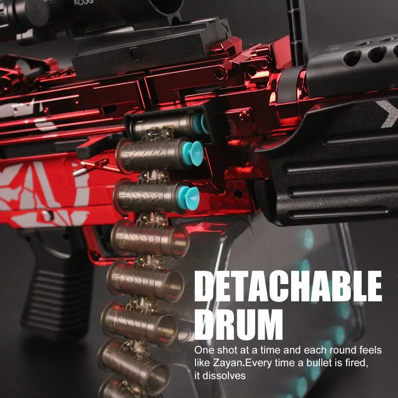 M249 Pistola de juguete eléctrica azul y roja con modos de disparo eléctricos y manuales duales, 60-70FPS y alcance de disparo de 15 m