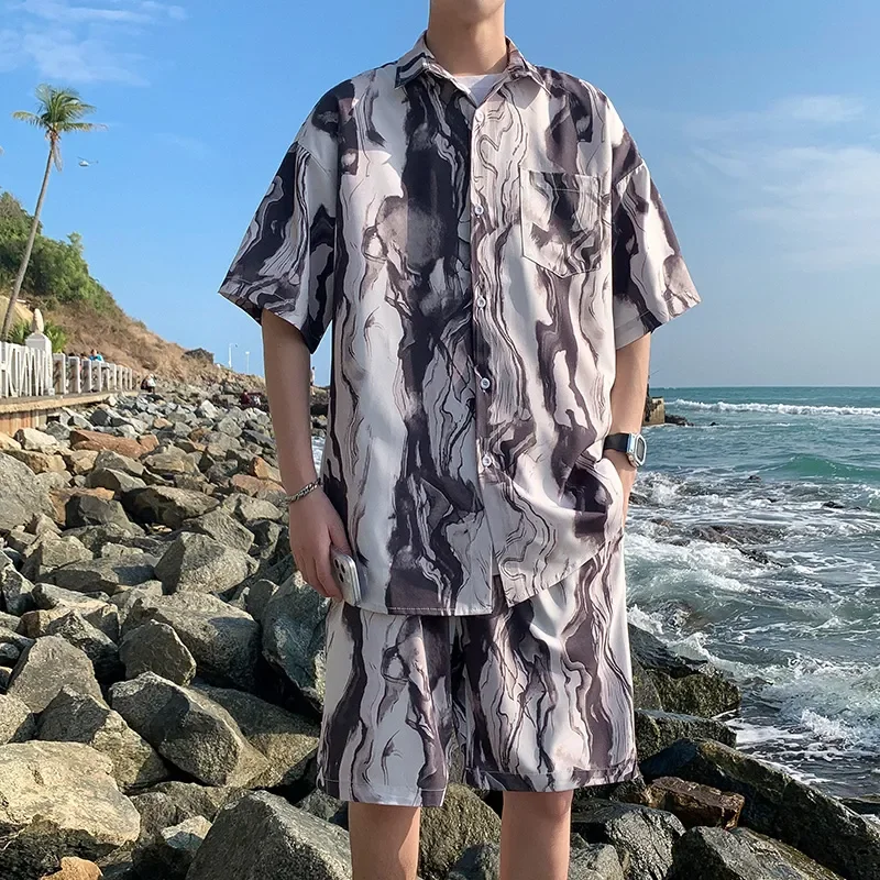 Beach Suit Men's Quick-drying Summer Ice Silk Short-sleeved Floral Shirt Trendy Shorts